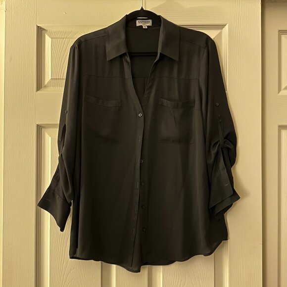 Slim Fit Express Black Portofino Button Up Blouse - Picture 1 of 2
